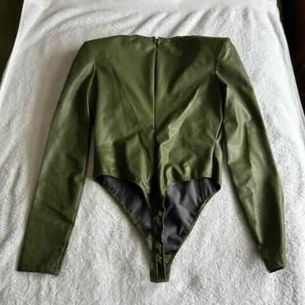 Adidas Ivy Park Olive Green Faux Leather Leotard Bodysuit - Women's Large - Picture 3 of 13